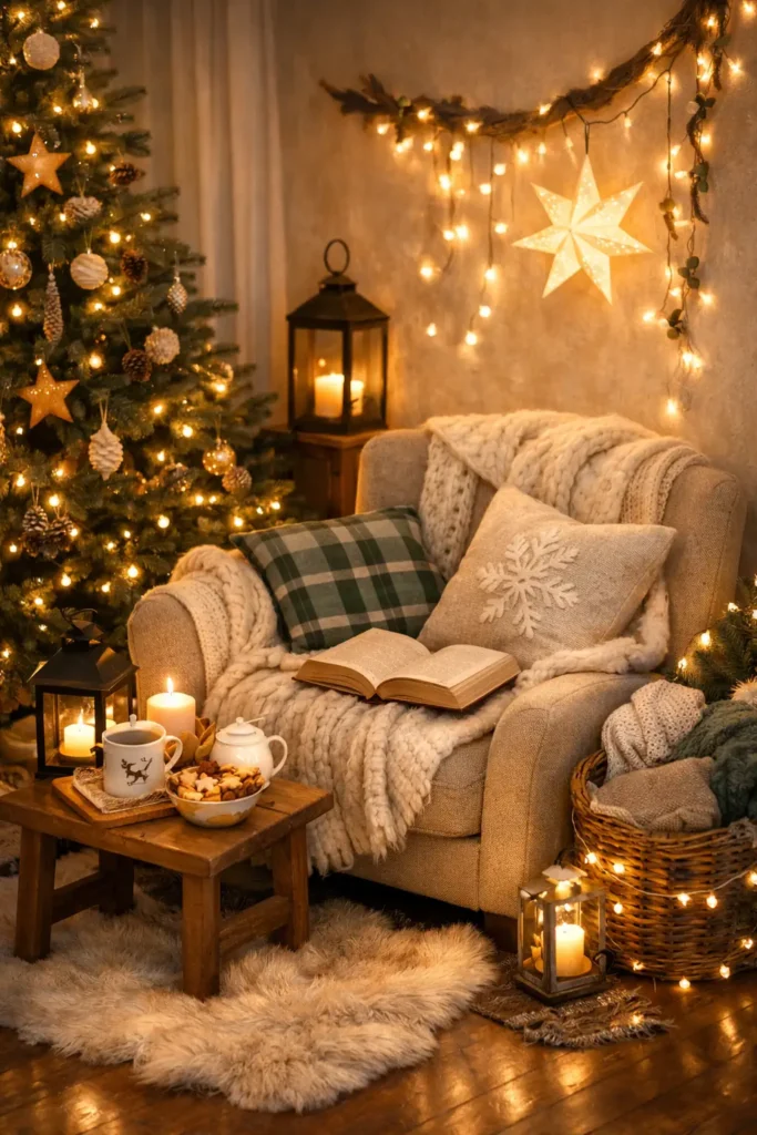 Coin cocooning de Noël avec fauteuil, plaid, bougies et sapin illuminé