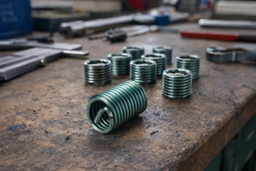 Zoom sur des inserts Helicoil métalliques posés sur une table d'atelier en bois, entourés de copeaux métalliques et d'outils de travail.