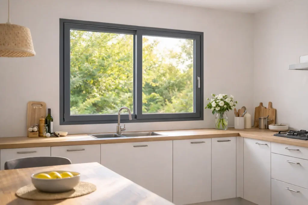 Cuisine moderne avec fenêtre coulissante en aluminium au-dessus de l’évie