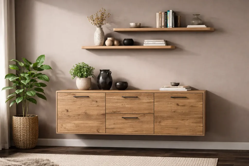 Meuble suspendu en bois clair dans un salon, avec deux étagères murales et décoration minimaliste sur un mur