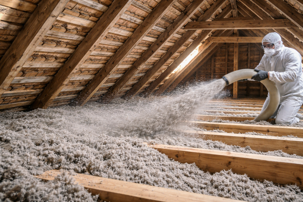 Isolation de combles perdus par soufflage avec charpente en bois apparente