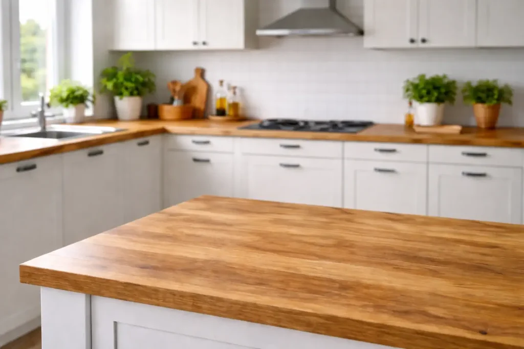 Cuisine lumineuse avec îlot central et plan de travail en bois, surface dégagée