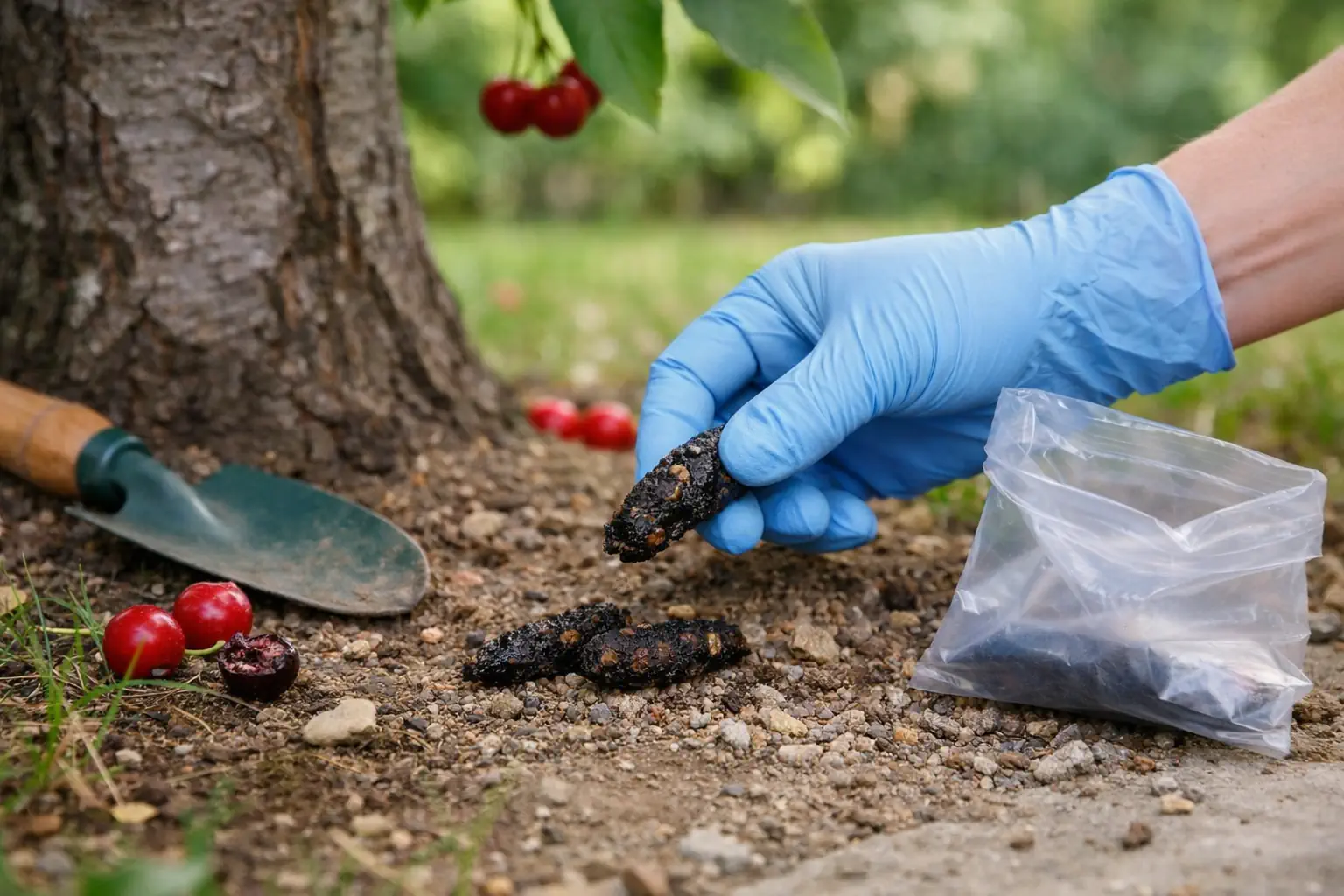 Main gantée ramassant une déjection dans un jardin près d’un cerisier