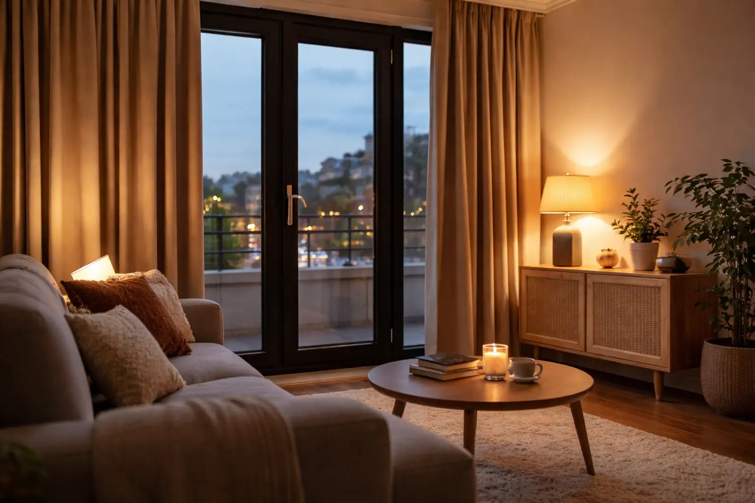 Salon cosy au crépuscule avec rideaux épais devant une baie vitrée