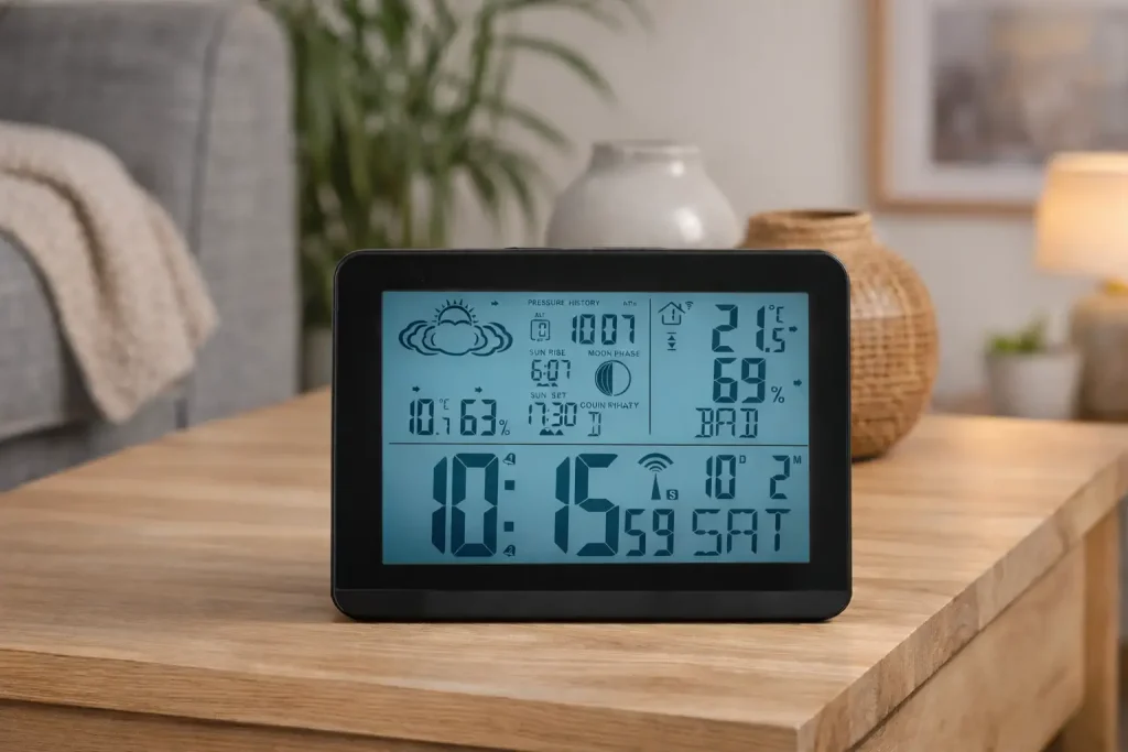 Station météo Lidl posée sur une commode dans un salon, écran lumineux affichant les données météo