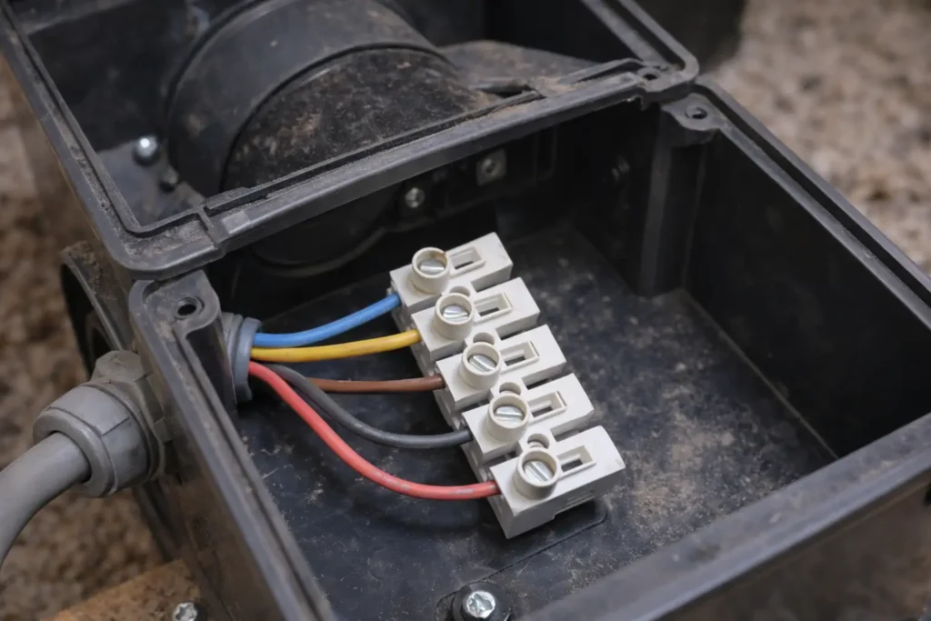 Bornier de VMC avec cinq conducteurs raccordés et câble entrant par un presse-étoupe