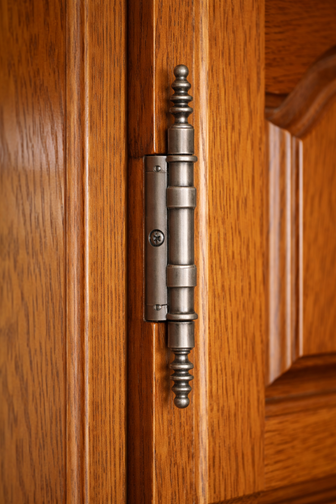 Gros plan d’une charnière décorative sur une porte de meuble de cuisine en bois, finition métal patiné