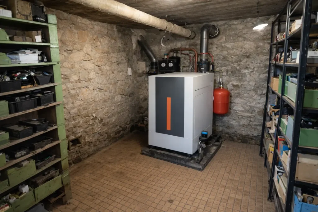 Sous-sol en pierres aménagé en chaufferie, chaudière à granulés et conduits visibles, vue large sans personne