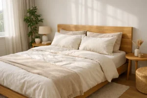 Chambre lumineuse avec lit double, linge de lit neutre et tête de lit en bois, ambiance cosy