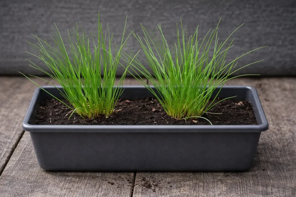 Deux touffes de ciboulette dans une jardinière rectangulaire, terre sombre, lumière naturelle, arrière-plan flou