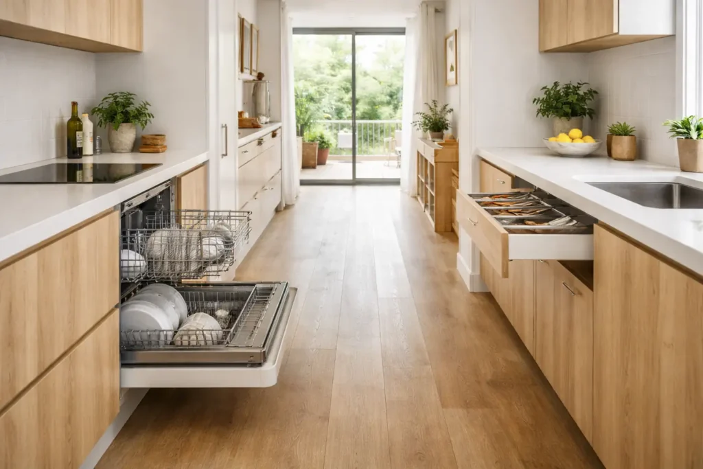 Cuisine lumineuse avec passage central large, lave-vaisselle entrouvert sans bloquer la circulation