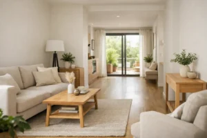 Salon lumineux avec mobilier disposé pour laisser un passage principal dégagé vers la baie vitrée.