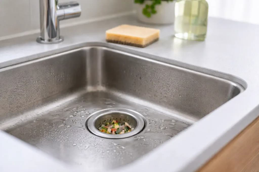 Crépine sur l’évier de cuisine pour limiter l’encrassement des canalisations