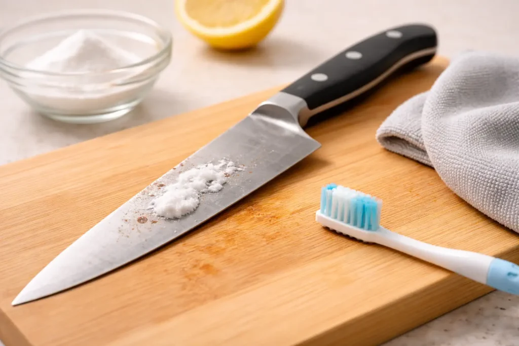 Enlever la rouille d’un couteau de cuisine avec bicarbonate de soude et chiffon