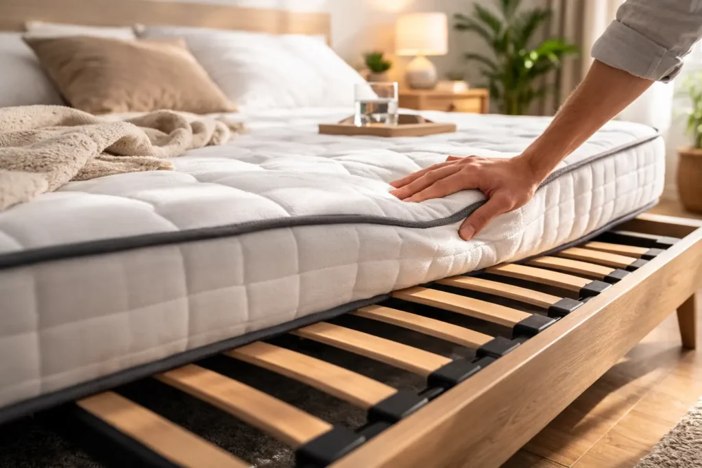 Main appuyant sur le bord d’un matelas, sommier à lattes visible, dans une chambre lumineuse.