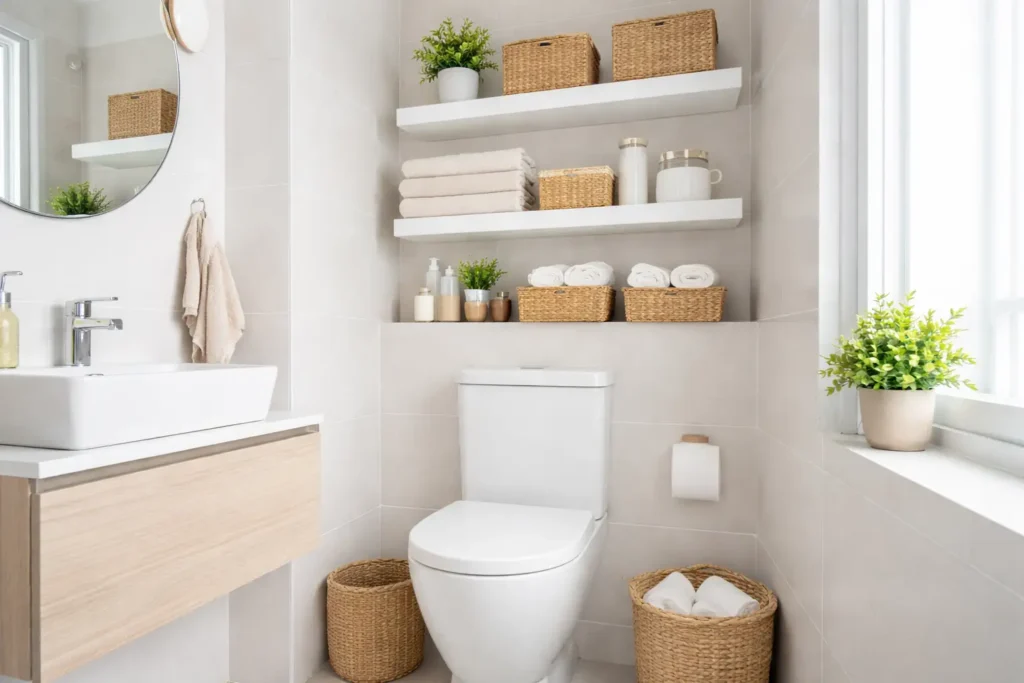 Étagères murales au-dessus des WC avec paniers et serviettes dans une salle de bain lumineuse.