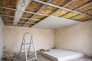 Ossature d’un faux plafond suspendu sous un ancien plafond en lattis-plâtre