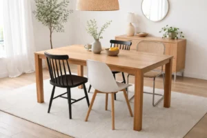 Table à manger avec chaises dépareillées mais harmonieuses, dont deux chaises noires