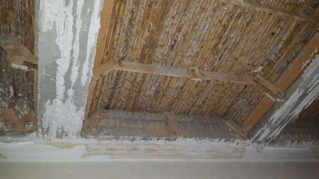 Ancien plafond en lattis-plâtre avec lattes de bois visibles et zones de plâtre dégradé