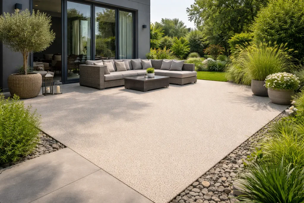 Sol extérieur continu sur une terrasse, rendu minéral, vue en angle