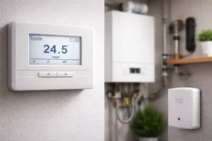 Thermostat d’ambiance près d’une chaudière, utilisé pour vérifier la sonde extérieure et le chauffage.