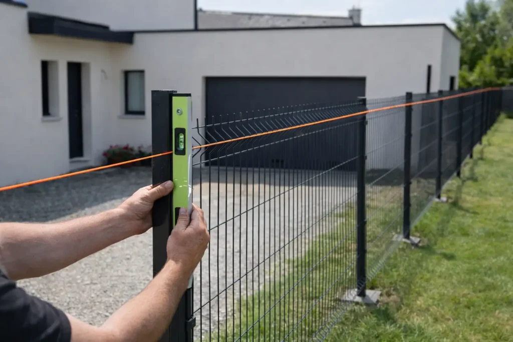 Niveau à bulle contre un poteau de grillage rigide, avec cordeau tendu pour aligner la clôture