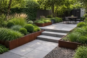 Jardin contemporain aménagé avec acier, pierre et matériaux durables