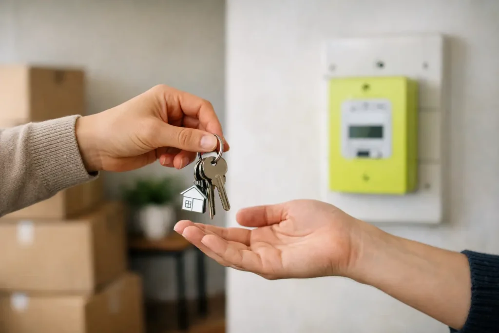 Remise de clés lors d’un achat immobilier, avec un compteur électrique en arrière-plan