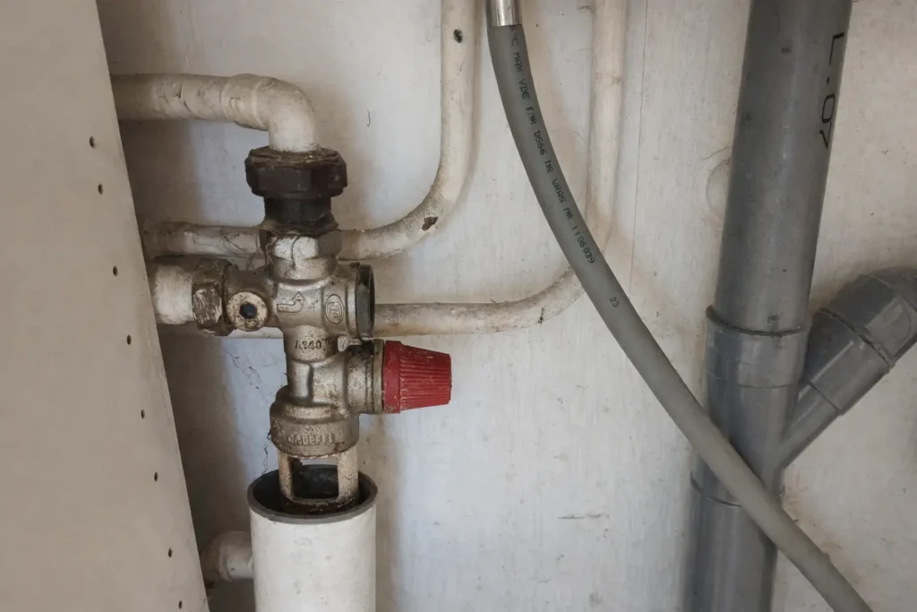 Groupe de sécurité de chauffe-eau avec siphon visible dans un placard technique, zone où peut apparaître une odeur d’égout.