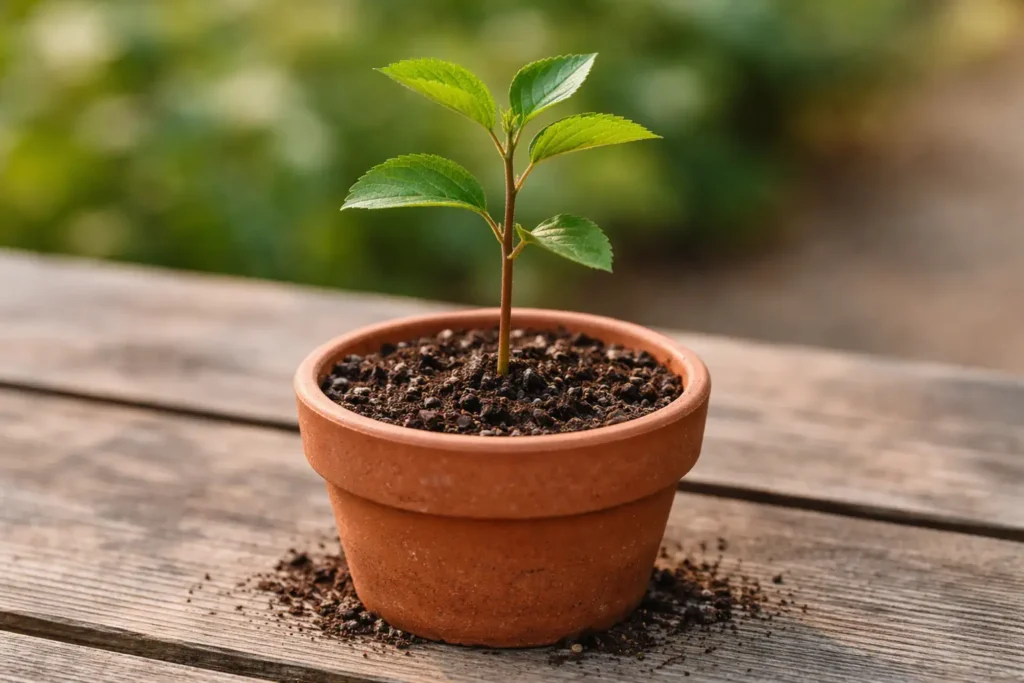 Jeune plant de mirabellier dans un pot après germination d’un noyau
