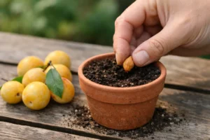 Main en train de planter un noyau de mirabelle dans un petit pot de terre