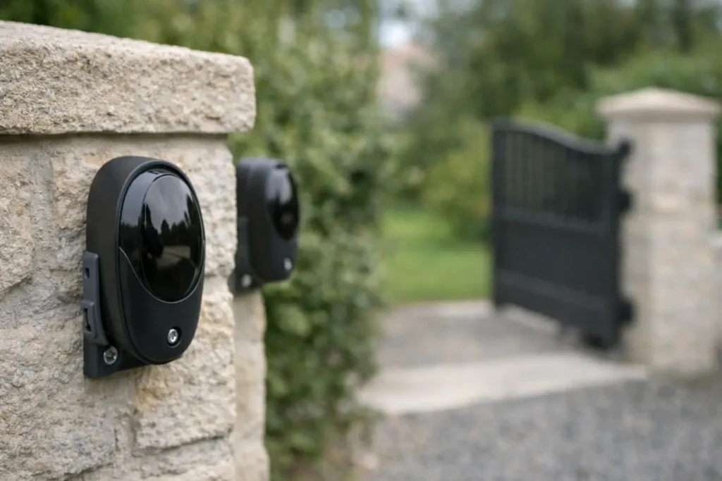 Photocellules installées sur les piliers d’un portail battant résidentiel