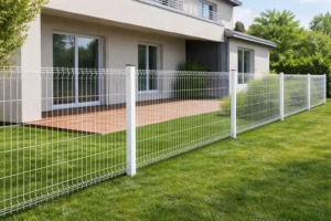 Grillage rigide blanc posé le long d’une pelouse devant une maison, en lumière naturelle
