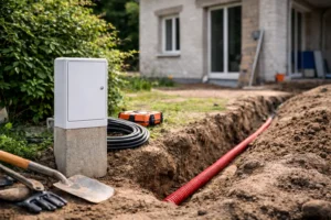 Coffret de raccordement électrique extérieur avec gaine et tranchée près d’une maison en rénovation