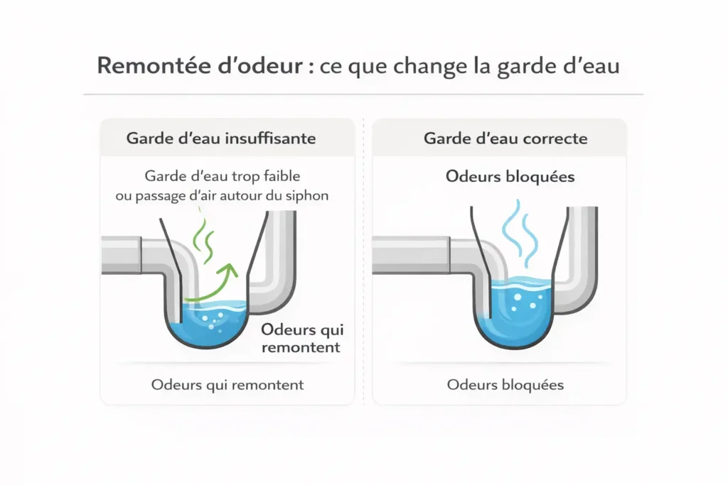 Schéma comparant un siphon laissant remonter une odeur et un siphon avec garde d’eau correcte sous un chauffe-eau.
