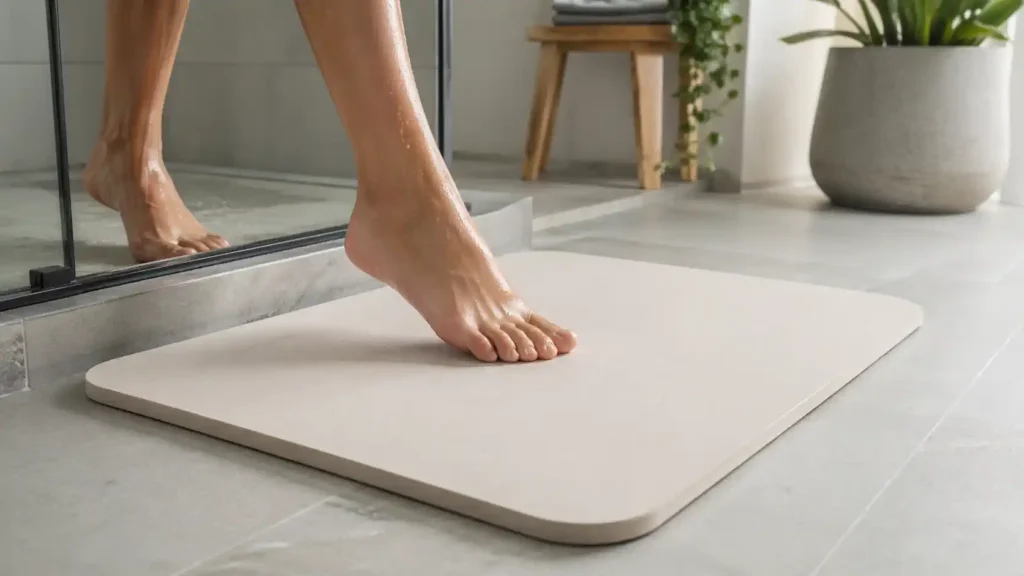 Pied mouillé posé sur un tapis de bain en diatomite dans une salle de bain
