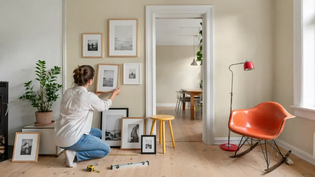 Cadre photo mural dans un intérieur lumineux avec plante verte, fauteuil orange et décoration épurée