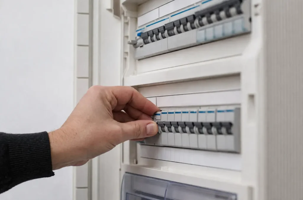 Main coupant le courant au tableau électrique avant intervention sur une prise