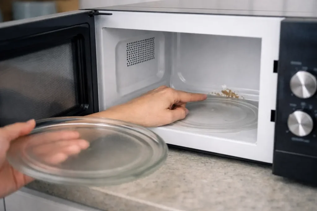 Main inspectant le fond d’un micro-ondes après retrait du plateau en verre