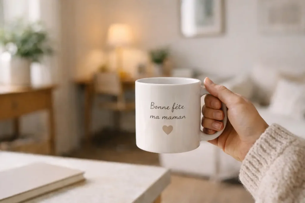 Main tenant un mug personnalisé dans un intérieur de maison