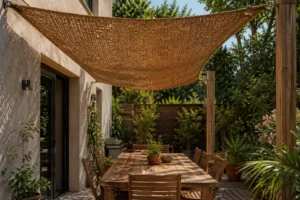 Terrasse avec table extérieure sous une toile d’ombrage naturelle ajourée