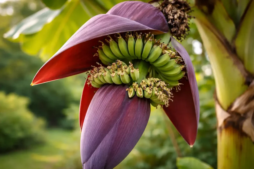 Petites bananes en formation sous une fleur de bananier