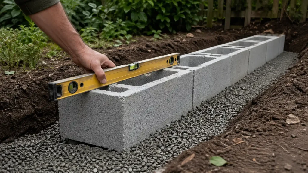Main vérifiant au niveau une première rangée de parpaings posée sur du gravier compacté