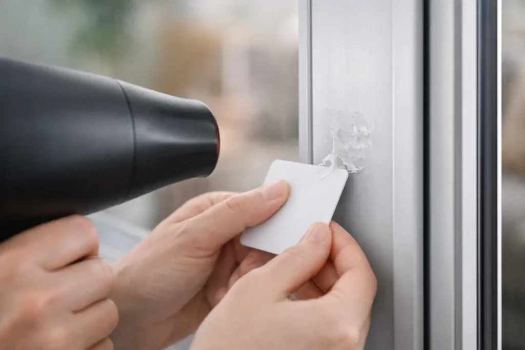 Utilisation d’un sèche-cheveux pour ramollir un résidu d’adhésif sur de l’aluminium peint