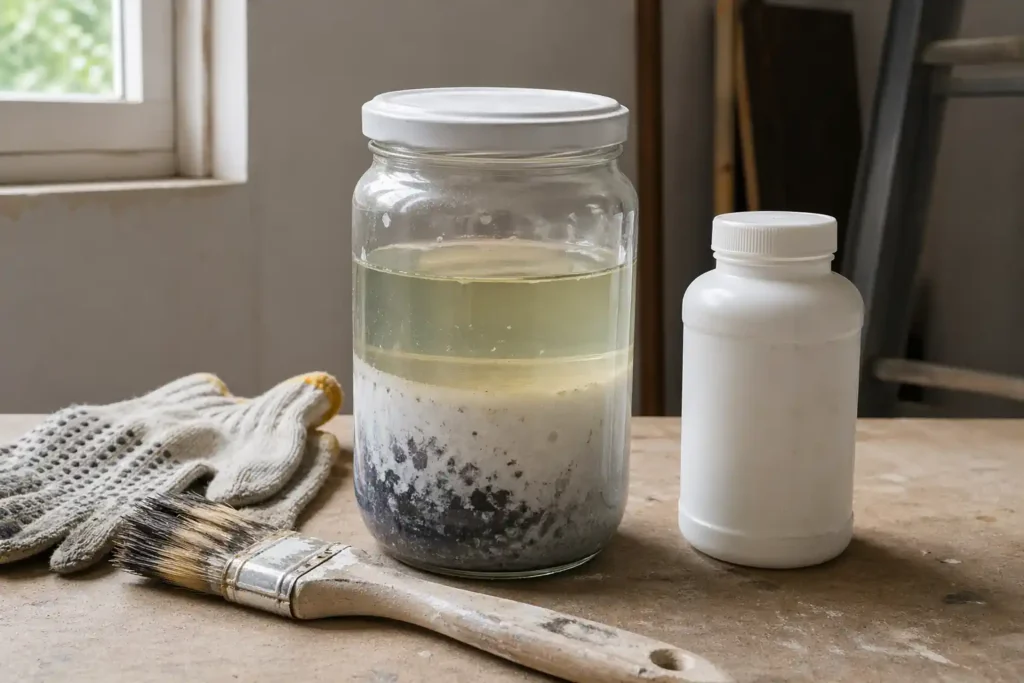 Bocal de white spirit usagé avec dépôt de peinture, stocké avant déchetterie