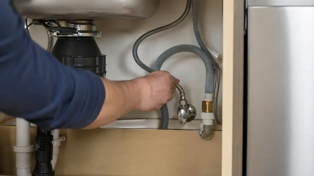 Main vérifiant le tuyau et le robinet d’arrivée d’eau d’un lave-vaisselle sous un évier