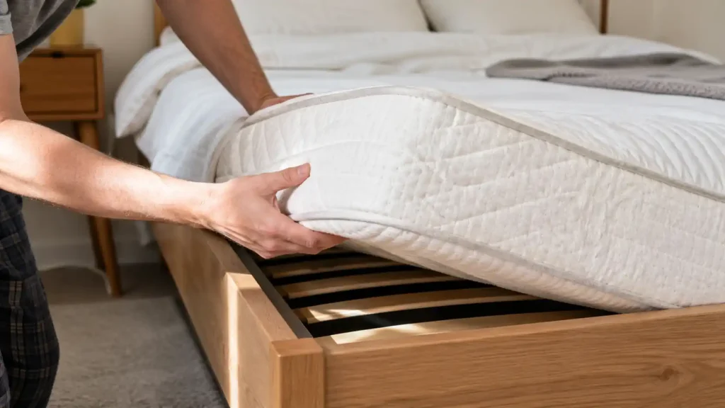 Mains soulevant légèrement un matelas pour vérifier le sommier à lattes d’une literie