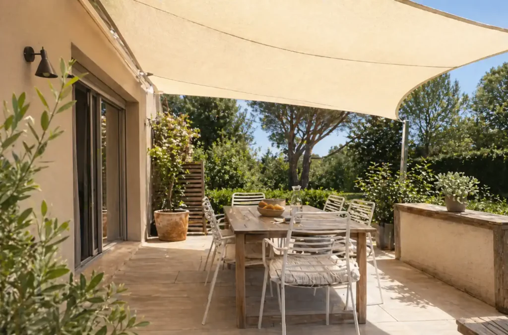 Zone ombragée sur une terrasse avec lumière filtrée et ambiance aérée