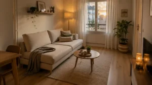 Méridienne convertible beige dans un petit salon chaleureux et bien aménagé