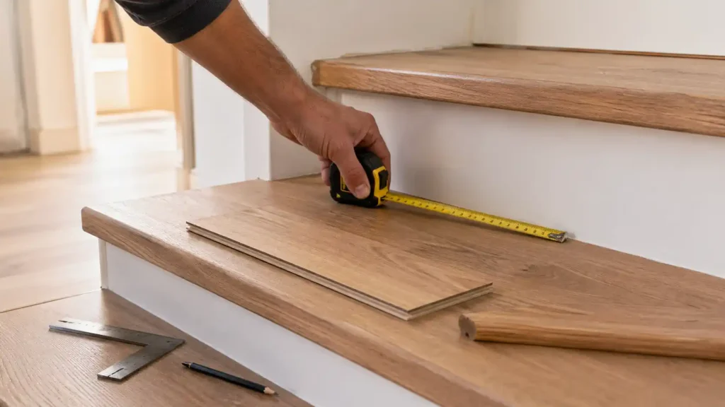Main mesurant une marche d’escalier avant la pose d’un parquet flottant